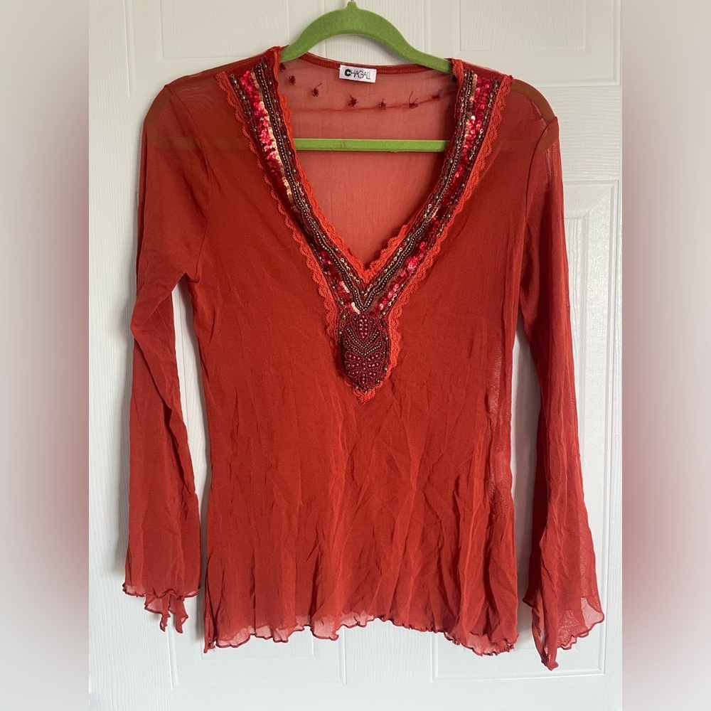 Chagall Sheer Beaded Bell Sleeve Boho Top Rust
